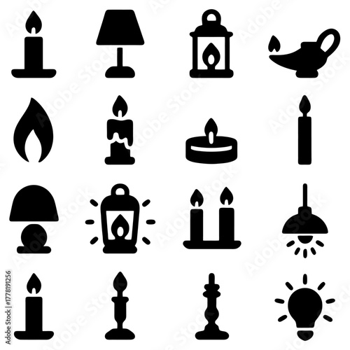 Illuminating Diversity: A collection of various candle lights, lanterns, and lamps, presented in a minimalist, icon-style design, each radiating a unique glow, symbolizing warmth and light.