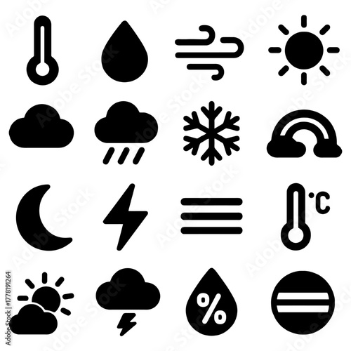 Weather Icons Collection: A comprehensive set of weather icons presents clear visual representations for various atmospheric conditions, perfect for weather-related design projects.