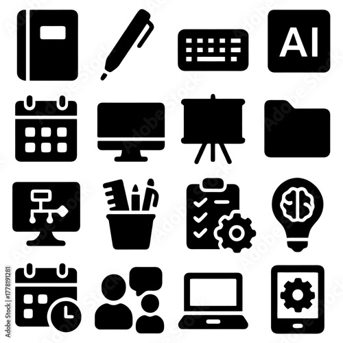 Essential Office Icons: A sleek collection of essential office icons, symbolizing organization, technology, and productivity. Designed for effortless integration.
