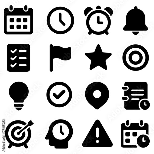 Collection of Icons: A graphic compilation of essential, simplistic icons designed to represent time management and various notification tasks. This vector art includes elements to track daily tasks.