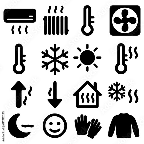 Temperature and Climate Icon Set: A comprehensive collection of iconic symbols representing various aspects of temperature, climate control, and weather conditions. Including air conditioning.