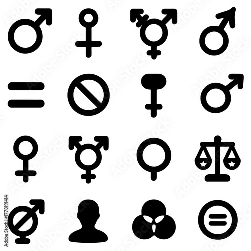 Gender Equality and Symbolism: A collection of gender symbols and the scales of justice, this image represents the pursuit of equality, inclusion, and the fight against discrimination.