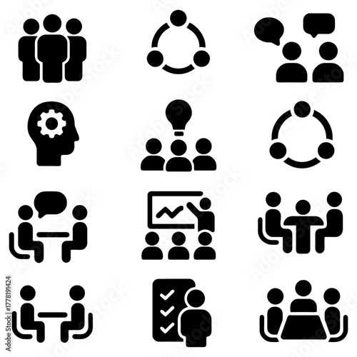 Team Dynamics Iconography: A collection of various icons depicting teamwork, collaboration, and communication. These symbols encapsulate concepts such as brainstorming, idea sharing.