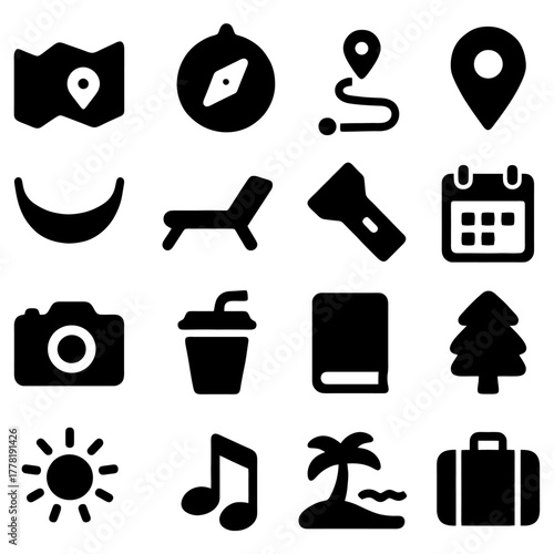 Holiday Icons: a set of vacation-related icons depicting items like a map, compass, lounger, camera, tropical items, a sun, and more. Capturing the spirit of leisure and exploration.