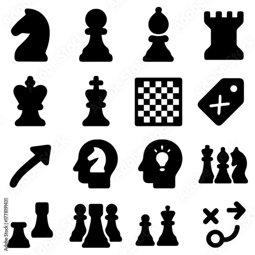 Chess Icons: A collection of various chess-related icons are arranged in a grid pattern. Depicting the essence of strategy and intellect in the game of chess.