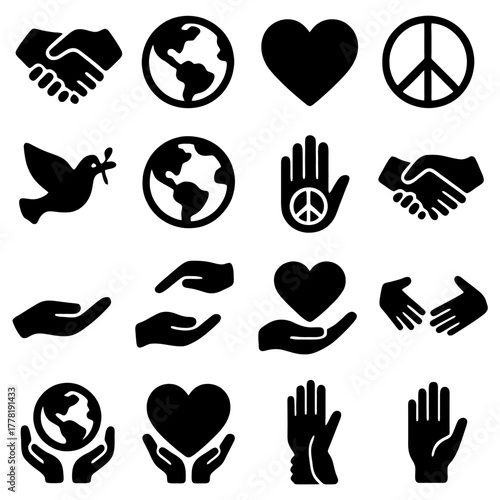 Symbolic Harmony: A collection of diverse symbols representing the values of peace, love, unity, and global harmony, perfectly capturing a sense of interconnectedness and cooperation.