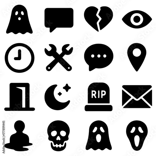 Black Icon Set: This monochrome collection of symbolic illustrations encompasses a diverse range of concepts, from communication to spirituality.