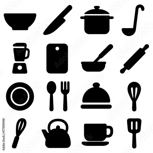 Kitchen Utensils Silhouettes: A collection of various kitchen utensils, carefully arranged and captured in a unified silhouette style. Each tool represents essential elements for culinary preparation.