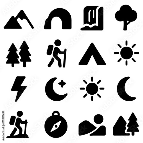 Outdoor Adventure Icons: A collection of simple, yet effective black and white icons that embody the spirit of outdoor adventures.