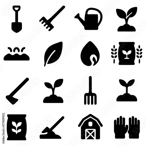Gardening Icons: A collection of simple, yet elegant black icons showcases essential gardening tools, plants and symbols representing the natural world and agricultural activities.
