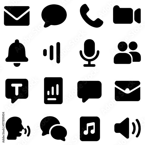 Communication Icon Set: A selection of minimalistic black icons representing various modes of communication and interaction, ideal for digital interfaces, websites, and applications.