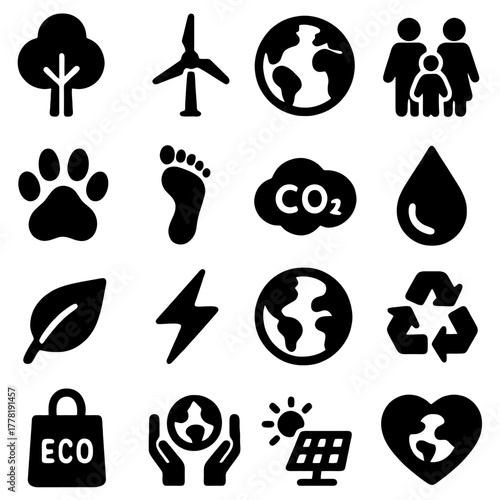 Sustainable World Icons: A collection of impactful icons symbolizing a commitment to the environment and a sustainable way of living.