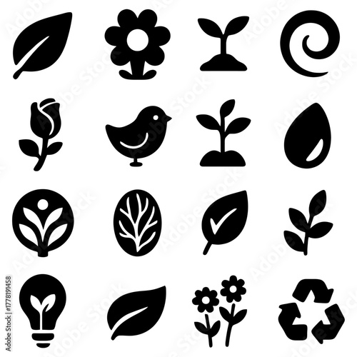 Eco-Friendly Elements: An array of minimalist icons showcasing elements of nature and sustainability, each representing different aspects of the environment.