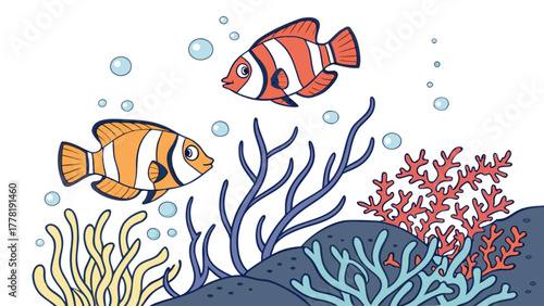 Two clownfish swimming near coral