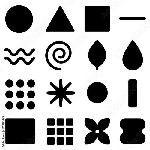 Shapes & Forms: Minimalist monochrome presentation of diverse geometric elements, including circles, triangles, and squares. A clean, simple, and elegant design