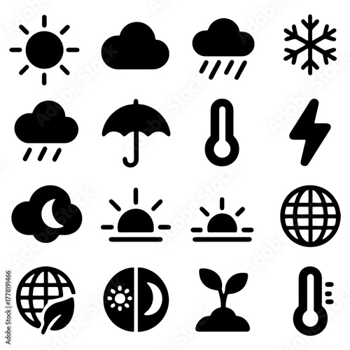 Weather Icons: An array of simple yet universally recognizable icons representing various weather conditions and elements. The image aims to be versatile and informative. 