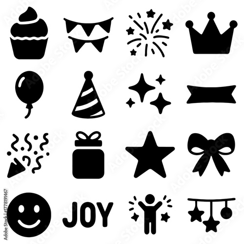 Festive Icon Collection: An array of cheerful icons, each representing a facet of celebration and joy, creating a visually appealing ensemble perfect for any festive occasion.