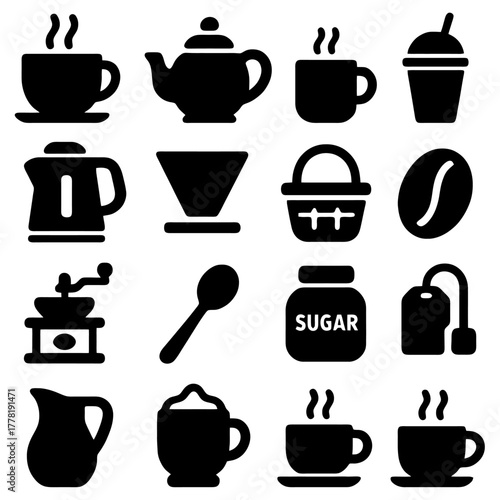 Brewing Essentials: An assortment of the tools and ingredients, from steaming cup to a coffee bean for making the perfect cup. Evoking the rich aroma and comforting ritual of brewing.