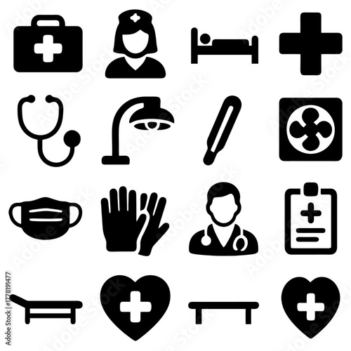 Healthcare Icon Collection: A meticulously crafted assortment of healthcare icons, offering a comprehensive visual vocabulary for medical professionals and healthcare-related applications.