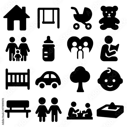 Family Life Icon Set: A comprehensive collection of iconic symbols representing the essence of family life. This versatile set captures the simple joys of home, parenting, and childhood. 