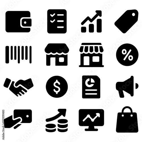 Commerce Icons: A collection of simple, elegant black icons symbolizing various aspects of commerce, finance, and shopping. Perfect for visual storytelling in business and retail contexts.