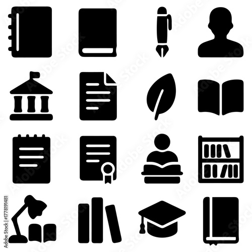 Educational Symbols: A collection of educational icons, including books, pens, a building, a leaf, a person, a notebook, a diploma, a student, a library, a reading lamp, a pile of book.