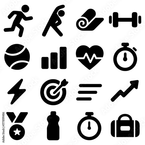 Fitness Icons: Set of symbolic icons representing various elements of fitness, perfect for health and wellness related projects.