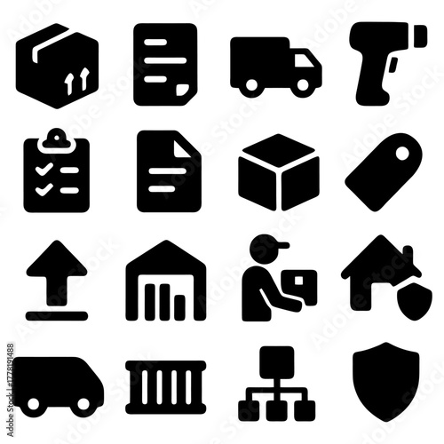 Logistics and Supply Chain Icons: A comprehensive set of illustrative icons related to logistics and supply chain management, offering a visual representation of key operational elements.