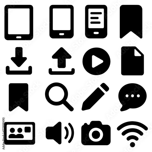Digital Icons: A collection of modern digital icons, ideal for digital interfaces, websites, and applications, these versatile glyphs offer a clean, contemporary design