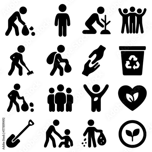 Community Service Icons: A collection of black and white icons representing various community service activities, emphasizing environmental protection and social responsibility.