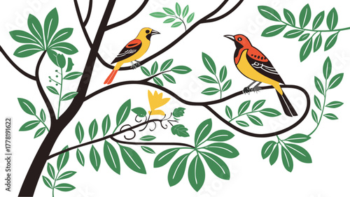 Two orioles perched on a tree branch