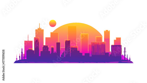 City skyline silhouette with sunset