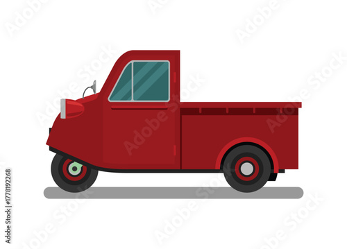 Three wheeled empty pick up. Side view. Simple flat illustration.