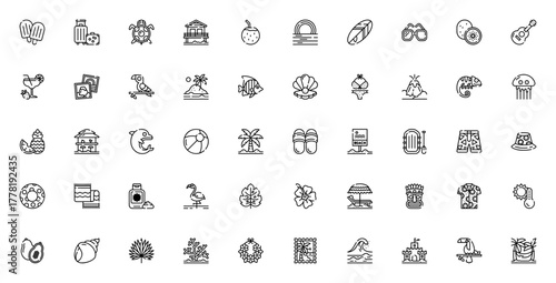 Tropical icon set. Summer vacation vector illustratins. Includes symbols for bach, palm tree, cocktail, urfing, pineapple, sunset,turtle and more.