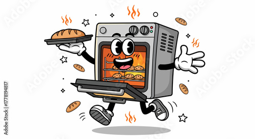 Happy retro cartoon oven mascot running with freshly baked bread.