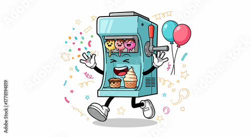 Happy cartoon ice cream machine character celebrating a party.