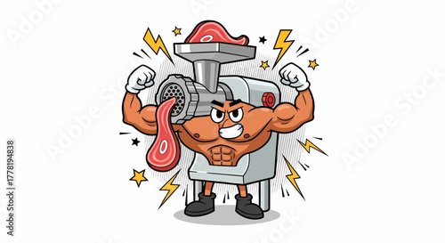 Muscular Meat Grinder Character Flexing Biceps with Steak.
