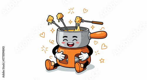 Joyful cartoon cheese fondue pot character sitting and laughing.