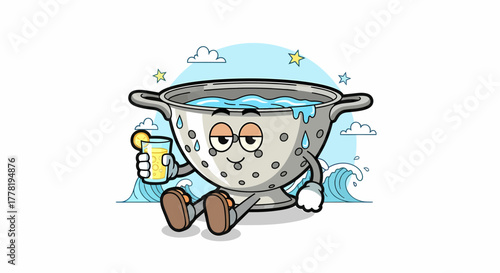 Relaxed Colander Character Enjoying a Refreshing Drink.