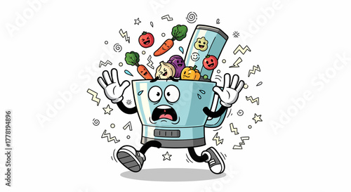 Scared blender character running away from falling vegetables and fruits.