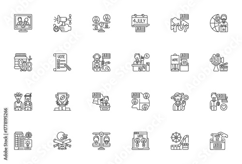 USA icon set. Vector illustration featuring symbols or politics, vote, electio, patriotism, 4th of july,Hollywood, baseball, freedm of speech and more.