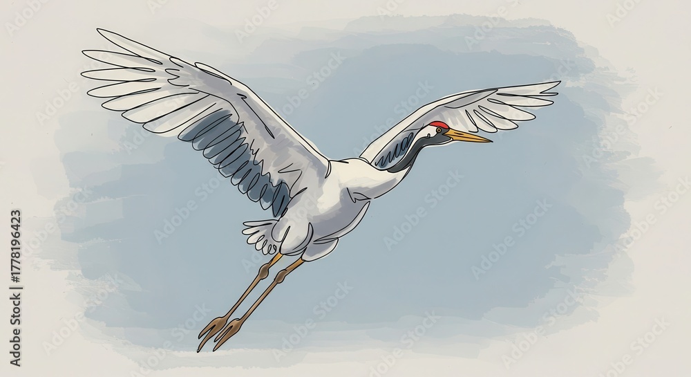 Naklejka premium Hand drawn illustration depicts a majestic wading bird in graceful flight across a muted sky