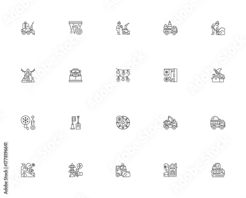 Winter services icon set. Vector illustration featurng snowplow, Christmas tre, cleaning, truck, ice, waming, winter tire, towing,avalanche warning, power lne and shelter.