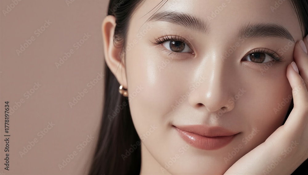 Fototapeta premium 頬に手を当てて微笑む女性のスキンケア