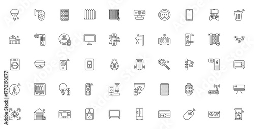 Smart Home icon set. Minimal vector line icons colletion. Includes smart light CCTV camera, solar panel,thermostat, security camer, voice assistant, smart lck, sensor, and more. Editble stroke.
