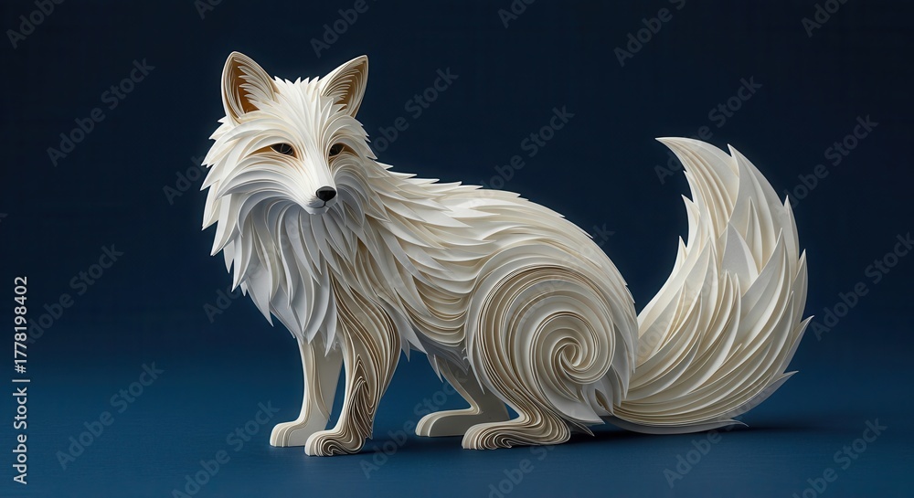 Obraz premium Sculpture crafted from layered paper depicts a stylized white canid sitting against a dark backdrop