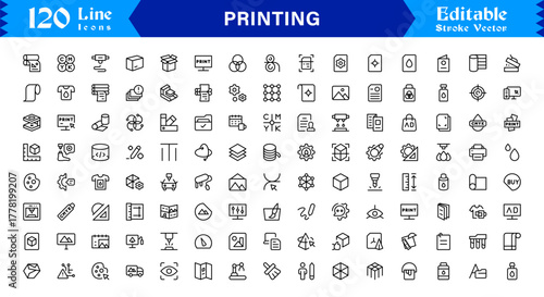 Unique Printing Industry Line Icon Collection Featuring Minimal, Professional, and Modern Vector Symbols, Perfect for Creative Projects, Clean and Simple Design Pack