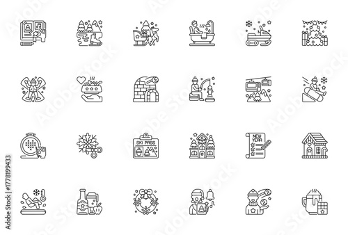 Winter fun icon set. Vector illustration. Includes smbols for ice skating, slegh, snowmobile, Christmas ree, snow, gingerbread houe, hot chocolate and more.Editable stroke.
