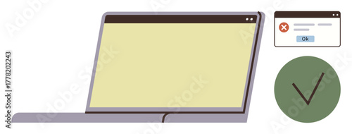 Laptop screen displaying a dialog box with error and OK button next to a green checkmark icon. Ideal for technology, software, usability, troubleshooting, IT support, task completion, simple flat