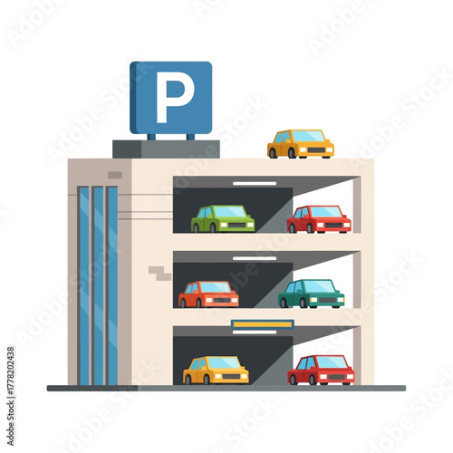 Multi-story parking building with cars parked inside representing urban parking system